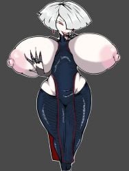 1girls a.k.i. breast_grab breasts_out capcom dress exposed_hips female female_only hip_windows huge_breasts hummerh194 hyper_breasts licking_own_finger red_eyes short_hair solo standing street_fighter street_fighter_6 tongue_out white_hair