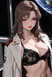 1girls ai_generated brown_hair coat_on_shoulders gundam gundam_seed inside_spaceship lingerie long_hair looking_at_viewer mature_female military_uniform murrue_ramius shiny_hair shiny_skin space spacecraft spaceship tagme