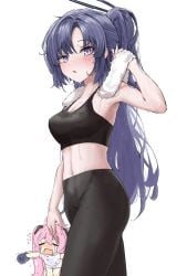 2girls blue_archive blush exercise exercise_clothing fitness koyuki_(blue_archive) lir sports_bra sportwear sweat sweatdrop tight_clothing yuuka_(blue_archive)