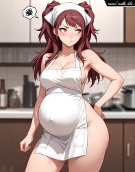 1girls ai_generated annoyed apron apron_only atlus belly blush breasts brown_eyes brown_hair english_text hand_on_hip headwear kitchen kujikawa_rise lt4_ai persona persona_4 pout pouting pregnant pregnant_belly pregnant_female sega self_upload solo text thighs twintails wide_hips