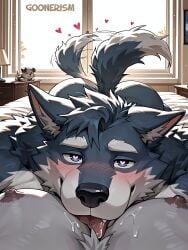 ai_art ai_generated anthro ass bara bara_tiddies bara_tits bed bedroom between_pectorals big_muscles big_pecs blue_body blush blushing butt canid canine canis chest_tuft cleavage drool drooling duo face_between_pecs fur furry gay goonerism head_between_pecs heart heart-shaped_pupils licking looking_at_viewer male male/male muscular muscular_male nipples patreon pecs pov saliva self_upload tail tail_wagging tailwag tongue two-tone_fur wagging_tail watermark wolf yaoi