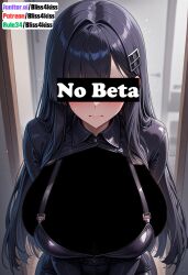 1girl ai_generated anime_girl black_hair black_latex black_shirt bliss4kiss blush censored choker cleavage detailed_skin embarrassed erotic_art explicit_anime glossy_latex highres indoor_scene kuro_(bliss4kiss) large_breasts long_hair nsfw_content open_shirt purple_eyes rule34_style seductive_pose solo sweat teasing_pose voluptuous_figure wet