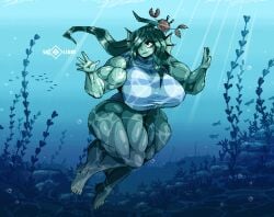 big_ass big_breasts breasts breasts_bigger_than_head crab female fins fish fish_girl flexing green_hair green_skin huge_breasts hyper_muscles looking_up mermaid muscle_growth muscular muscular_female ocean pixel_art siren skolerin space swimming swimsuit underwater