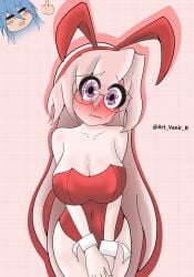 big_breasts big_eyes big_glasses blue_hair blush blushing bunny_ears bunny_girl bunnysuit glasses konata_izumi long_hair lucky_star miyuki_takara pink_hair purple_eyes red_clothing shame white_body