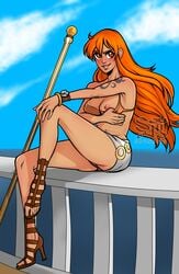 1girls breasts female female_only flashing nami nipple one_piece open_toe_shoes orange_eyes red_hair sandals solo soushiyo tattoo