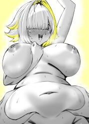 1girl absurdres arm_up artist_name blonde_hair blush breasts breasts_apart commentary elegg_(nikke) english_commentary eyes_visible_through_hair fang goddess_of_victory:_nikke hair_intakes hair_over_eyes highres large_breasts long_bangs medium_hair navel nipples nude open_mouth ophis_(scaith) partially_colored pinching_another's_belly plump revision simple_background solo_focus sweat twitter_username upper_body yellow_background