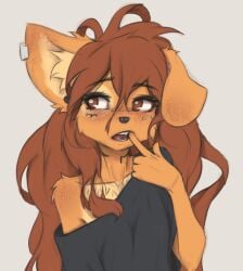 2026 apogee apogee_(tinygaypirate) blush blushing_female brown_eyes brown_fur brown_hair cute dog_ears dog_girl ear_piercing furry long_hair sfw tinygaypirate