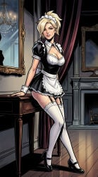 1girls ai_generated angela_ziegler big_breasts blonde_hair chimney comic costume cuffs_(clothing) effernetti european_female garter_straps hourglass_figure inside lace-trimmed_thighhighs leaning_on_object lingerie looking_at_viewer maid maid_apron maid_dress maid_headdress maid_outfit maid_uniform mercy mirror overwatch ponytail stockings table uniform wide_hips