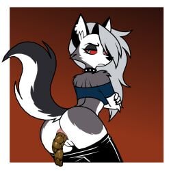 1:1 2026 4_fingers absurd_res anthro anus black_bottomwear black_claws black_clothing black_collar black_ears black_eyebrows black_nose black_pants black_tail blue_clothing blue_crop_top blue_shirt blue_topwear border bottomwear bottomwear_down brown_background butt canid canid_demon canine cheek_tuft claws closed_frown clothed clothed_anthro clothed_female clothing collar crop_top crossed_arms crouching demon eyebrows eyelashes facial_tuft feces female female_anthro female_pooping finger_claws fingers fluffy fluffy_tail frown fur genitals grey_body grey_fur grey_hair hair half-closed_eyes head_turned hellaverse hellhound helluva_boss hi_res humanoid_genitalia humanoid_vulva inner_ear_fluff long_hair looking_back loona_(helluva_boss) mammal mouth_closed multicolored_body multicolored_fur mythological_canine mythological_creature mythology narrowed_eyes notched_ear pants pants_down partially_clothed pink_anus pooping pupils red_sclera shirt shoulder_blades sim_son simple_background slit_pupils snout solo spiked_collar spikes tail topwear tuft two_tone_body two_tone_fur two_tone_tail vulva white_body white_border white_eyes white_fur white_inner_ear white_inner_ear_fluff white_tail white_vulva