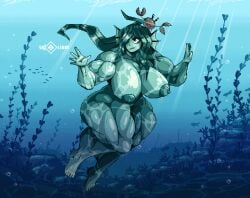 big_ass big_breasts breasts breasts_bigger_than_head crab female fins fish fish_girl flexing green_hair green_skin huge_breasts hyper_muscles looking_up mermaid muscle_growth muscular muscular_female ocean pixel_art siren skolerin space swimming underwater