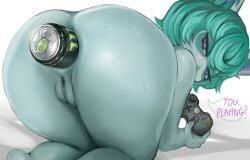 all_fours anal anal_penetration anus bent_over big_butt butt can_in_ass cavity_storage cinela controller english_text female game_controller genitals green_hair hair hi_res huge_butt humanoid humanoid_pointy_ears league_of_legends microsoft monster_energy nude object_in_ass penetration pointy_ears presenting presenting_anus presenting_hindquarters presenting_vulva riot_games shortstack solo tencent text vex_(lol) vulva xbox xbox_controller xbox_game_studios yordle