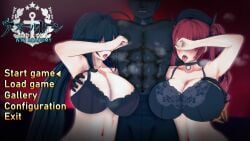 1boy 2girls armpits azur_lane big_breasts black_hair blushing bra breast_grab dark-skinned_male eyes_covered groping groping_breasts hand_covering_face honolulu_(azur_lane) implied_cuckolding implied_netorare loading_screen long_hair muscular_male paracetamolkoi red_hair steam taihou_(azur_lane) tongue_out twintails