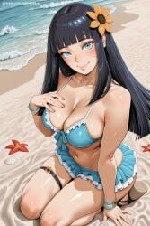 1girl ai_generated bangs beach bikini bikini_skirt black_hair blue_bikini blue_eyes blunt_bangs blush bracelet breasts cleavage closed_mouth collarbone crab day flower frilled_bikini frills hair_flower hair_ornament hi_res high_quality high_resolution himawari_kousei kanojo_ga_ore_ni_kureta_mono._ore_ga_kanojo_ni_ageru_mono. leaf long_hair looking_at_viewer navel ocean outdoors patreon sand savvyraexo seductive sexy shiny shiny_skin sitting smile solo starfish swimsuit thigh_strap uncensored water watermark