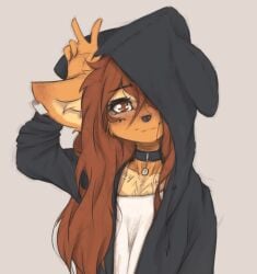 2026 apogee apogee_(tinygaypirate) brown_eyes brown_fur brown_hair cute dog_ears dog_girl ear_piercing furry hoodie long_hair looking_at_viewer sfw tagme tail tinygaypirate