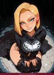1girl ai ai_assisted ai_generated android_18 bebora black_legwear blonde_hair blue_eyes blush breasts dragon_ball earrings jewelry lace looking_at_viewer panties patreon_exclusive seiza side-tie_panties sitting smile solo thighhighs underwear