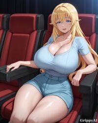 1girl 2d ai_generated anime_style blonde_hair blue_eyes blush cinema cleavage curvy detailed_eyes detailed_face grippyai high_quality huge_breasts indoors light_blue_shirt light_blue_shorts long_hair looking_at_viewer on_seat open_mouth red_seats shiny_skin shorts sitting smile solo thick_thighs