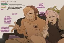 anthro bedroom_eyes body_tattoo bottomwear chain_necklace chat chips_(food) clothing cocaine crossed_legs dialogue drug_usage drugs duo emote english_text erection erection_under_clothing finger_tattoo food fur furniture haplorhine hat headgear headwear hi_res highlights_(coloring) imminent_drugging imminent_rape imminent_sex jewelry lagomorph leporid livestream male male/male mammal marijuana meme monkey narrowed_eyes necklace nipple_piercing nipples pants piercing primate rabbit red_sclera rottensilly seductive sofa stream_chat substance_intoxication sweatpants text white_body white_fur yellow_body yellow_fur