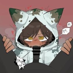 blowjob blowjob_only blush blush_lines blushing blushing_at_viewer blushing_female brown_body brown_hair censor_bar censored censored_penis dante_(limbus_company) female female_focus hands_on_thighs heart hearts hearts_around_head hood_up hoodie limbus_company looking_at_viewer looking_up looking_up_at_viewer male male/female male_pov mouth_open oral oral_penetration outis_(limbus_company) penile penis penis_in_mouth penis_out pov pov_male project_moon saliva saliva_on_penis saliva_trail says sucking sucking_penis tagme yellow_eyes
