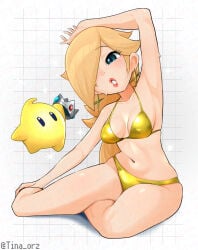 1girls armpits artist_name bikini blonde_hair breasts cleavage crown earrings hair_over_one_eye jewelry lips long_hair looking_at_viewer luma mario_(series) medium_breasts navel nintendo princess_rosalina rosalina solo star_(symbol) swimsuit tina_orz yellow_bikini