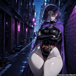 1girl ai_assisted ai_generated artist_name belt breast_hold breasts building cape city crossed_arms curvaceous curvy curvy_female curvy_figure female forehead_jewel glowing glowing_eyes highleg_leotard hood jewelry large_breasts leotard lips looking_at_viewer miyuai night night_sky outdoors purple_eyes purple_hair raven_(dc) shiny shiny_clothes shiny_skin short_hair sky smile solo teen_titans thick thick_ass thick_butt thick_hips thick_legs thick_thighs thighs voluptuous voluptuous_female wide_hips wide_thighs