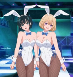 2girls bare_shoulders blonde_hair blue_bowtie blue_eyes blue_hair blushing botan_nagatsuki bunny_ears bunny_girl bunny_tail bunnysuit cleavage fishnets large_breasts looking_at_viewer medium_breasts short_hair smiling standing stockings umino_sachi