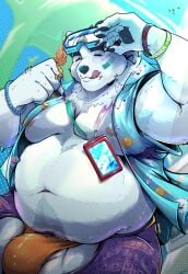 1boy absurdres animal_ears arebeano bara bear_boy bear_ears belly biceps blue_shirt bracelet claws closed_eyes closed_mouth commentary english_commentary fat food furry furry_male goggles goggles_on_head highres holding holding_food holding_popsicle jewelry licking_lips male_focus male_swimwear navel nipples orange_male_swimwear pants paul_the_bear_(xxl) pawpads pectorals plump popsicle purple_pants shirt smile thiccboi tongue tongue_out water-loving_paul_(xxl) white_fur xxl_woofia