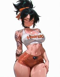1girl 1girls 2d abs ai_generated akali anime big_ass big_butt body_tattoo breasts fanart female female_focus female_only game hooters league_of_legends league_of_legends:_wild_rift myaicrush patreon perfect_body riot_games sexy_body sexy_female sexy_pose shorts slim_waist solo_female tattoo toned_legs wide_hips