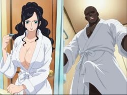 bath bathrobe bathroom cuck dark-skinned_male erect excited huge_cock huge_penis interracial nico nico_robin ntr one_piece penis surprised