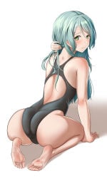 1girls aqua_hair armpit_crease ass back backless_swimsuit bang_dream! barefoot black_swimsuit closed_mouth crotch_seam ears eyebrows_visible_through_hair female female_focus female_only full_body furiousghafo green_eyes hand_on_ground hand_on_neck hikawa_sayo kneeling long_hair looking_aside looking_back one-piece_swimsuit portrait shadow simple_background sitting solo solo_female straight_hair swimsuit thighs very_high_resolution white_background