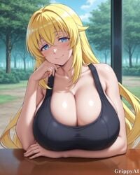 1girl 2d ai_generated anime_style blonde_hair blue_eyes blush cinema cleavage curvy detailed_eyes detailed_face high_quality huge_breasts indoors light_blue_shirt light_blue_shorts long_hair looking_at_viewer on_seat open_mouth red_seats shiny_skin shorts sitting smile solo thick_thighs