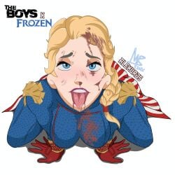 ahegao alexurds amazon_prime blonde_female blue_eyes disney disney_princess elsa_(frozen) frozen_(film) homelander homelander_(cosplay) inminent_blowjob layer pleasure_face superheroine the_boys tits