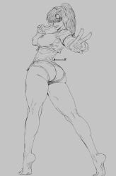 1girls artist_request ass ass_focus big_ass big_breasts breasts clothing dolphin_shorts female female_focus female_only fortnite fortnite:_battle_royale from_behind headphones huge_ass huge_breasts monochrome peace_sign pj_(fortnite) ponytail shorts smile solo solo_female solo_focus thick thick_ass thick_thighs