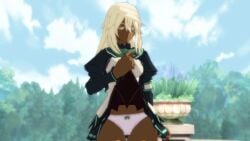 1girls 3d blonde_hair dark-skinned_female dark_skin female guilty_gear guilty_gear_xrd highres lifted_by_self looking_at_viewer panties pink_panties ramlethal_valentine showing_panties skirt skirt_lift solo thick_thighs