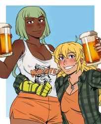 2girls beer_mug blonde_female blonde_hair boletinnie_(artist) cleavage clothed_female emerald_sustrai green_hair green_hair_female hooters hooters_uniform long_hair long_hair_female purple_eyes red_eyes robotic_arm rwby shorts source_request yang_xiao_long