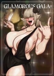 1girl 1girls bangs big_breasts cleavage cocktail_dress covered_eyes dress drinking goat_ears goat_girl horn muscular_arms ompongworks party tongue_out
