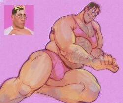 bara big_pecs boner_in_pants boxers bra bulge bulge_through_clothing chest_hair chubby chubby_male coke_enjoyer dilf glasses huge_pecs large_pectorals leg_hair manboobs masculine_crossdresser medic_(team_fortress_2) older_male team_fortress_2