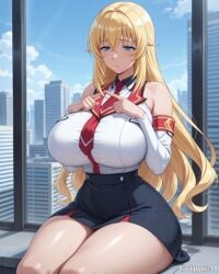 1girl 2d ai_generated anime_style blonde_hair blue_eyes blush cinema cleavage curvy detailed_eyes detailed_face grippyai high_quality huge_breasts indoors light_blue_shirt light_blue_shorts long_hair looking_at_viewer on_seat open_mouth red_seats shiny_skin shorts sitting smile solo thick_thighs