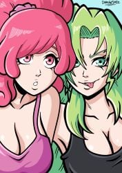 2girls big_breasts big_tits bleach bleach:_sennen_kessen-hen bleached breast breasts candice_catnipp clothed damiansmtz green_eyes green_hair long_hair meninas_mcallon pink_eyes pink_hair ponytail questionable quincy_(bleach) quincy_bitch shiny smug smug_face tank_top tits tongue tongue_out two_girls wandenreich