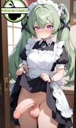 1futa ai_generated balls big_penis blushing corin_wickes dress dress_lift embarrassed futa_only futanari futanastic green_hair huge_cock long_hair maid maid_headdress maid_uniform petite petite_body petite_female purple_eyes small_breasts small_but_hung smaller_female teenage_girl twintails veiny_penis zenless_zone_zero