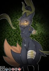 absurd_res amputee anthro bandage bandaged_arm bandaged_leg big_tail black_body black_fur blood blush bodily_fluids canid canine casualties:_unknown colored_blood disability ditzy_pup expie_(gunsawian) female fur genitals gunsawian hanging_by_arms heart_(marking) hi_res hybrid mammal markings missing_arm nervous nervous_sweat nude pixelated_background pointy_ears restrained restrained_by_tentacles scar solo sweat tail tentacles unusual_blood unusual_bodily_fluids vulva yellow_blood