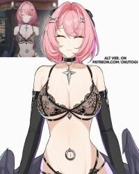 1girls alternate_version_available big_breasts black_lingerie breasts breasts_out exposed_breasts eyes_closed female hoyoverse large_breasts lingerie lingerie_only mihoyo pink_hair remielle_(zenless_zone_zero) remielle_dan short_hair zenless_zone_zero