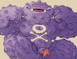 absurd_res anthro armpit_showing belly burly fangs flaccid flexing generation_1_pokemon genitals glans hi_res koffing male musclegut muscular muscular_arms muscular_male narrowed_eyes nintendo pecs penis pink_glans pokemon pokemon_(species) purple_body purple_skin raised_arms ravuer simple_background sitting slightly_chubby slightly_chubby_male smile solo spread_legs spreading teeth unusual_anatomy unusual_genitalia unusual_glans unusual_penis