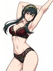 ai_generated arms_up big_breasts black_hair black_lingerie bra cleavage earrings hair_ornament hair_tied hourglass_figure lace-trimmed_bra lace-trimmed_panties lingerie lingerie_only long_hair looking_at_viewer mature_female midriff panties posing posing_for_the_viewer red_eyes simple_background spy_x_family white_background wide_hips yor_briar yor_forger