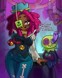background big_ass big_breasts black_body black_eyes black_lips black_skin blue_hat brawl_stars choker choker_collar dreadlocks dressed dressed_female hat juju_(brawl_stars) makeup mitskid one_eye_covered only_female pants pink_hair pink_nails rendered shop squeezing_breast