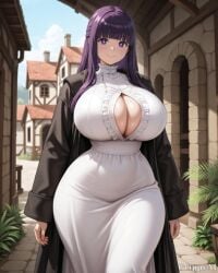1girl 2d ai_generated anime_style bangs black_cloak black_robe cleavage curvy deep_cleavage detailed_eyes grippyai high_quality huge_breasts long_hair looking_at_viewer medieval_town outdoors purple_eyes purple_hair ruffled_dress shiny_skin smile solo standing thick_thighs white_dress wide_hips