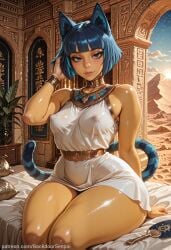 1girl adjusting_hair ai_generated animal_crossing animal_ears ankha ankha_(animal_crossing) ass backdoorsenpai bare_shoulders big_ass black_eyes blue_hair blunt_bangs bob_cut breasts cat_girl cat_tail curvy egao female_focus full_body groin hair_flowing_over hand_fan huge_breasts large_breasts light_blush lips looking_at_viewer naughty_face naugty_eyes nintendo perky_breasts shadow short_dress short_hair sitting skindentation sleeveless_dress small_breasts snake_hair_ornament striped_tail thick_thighs thighs usekh_collar white_dress wide_hips yellow_skin