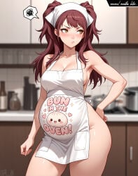 1girls annoyed apron apron_only atlus belly blush breasts brown_eyes brown_hair clothes_writing english_text hand_on_hip headwear kitchen kujikawa_rise logo lt4_ai persona persona_4 pout pouting pregnant pregnant_belly pregnant_female sega self_upload solo text thighs twintails wide_hips
