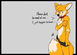 absurd_res andromorph anthro barely_visible_genitalia barely_visible_vulva blush body_blush canid canine chris_(raposanaranja) clothed clothing collar cute_fangs english_text fangs fox fur genitals hand_on_hip hi_res intersex intersex/intersex intersex/male looking_down male mammal markings nude orange_body partially_clothed presenting raposanaranja red_collar shy simple_background solo tail tail_between_legs tan_body tan_fur teeth text tongue tongue_out underwear underwear_down vulva whiskers worried_face