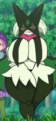 2026 3_fingers big_breasts breasts cat_ears cat_girl digital_drawing_(artwork) digital_media_(artwork) edit edited edited_screencap felid felid_humanoid furry furry_only generation_9_pokemon glistening_body green_body green_fur hi_res huge_breasts large_thighs mammal mammal_humanoid mask meowscarada neck_frill pink_nose pokemon pokemon_(species) pokemon_horizons pokemon_sv pose posing purple_eyes screenshot_edit smile springtron thick_thighs