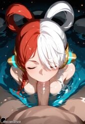 1boy 1girl :>= ai_generated bangs bathing blush breasts closed_eyes cum_in_mouth dark-skinned_male deepthroat fellatio hair_ornament hetero long_hair multicolored_hair nude one_piece oral partially_submerged penis pov red_hair ripples silver_hair soaking_feet solo_focus sunori swept_bangs twintails uncensored uta_(one_piece) wading water white_hair